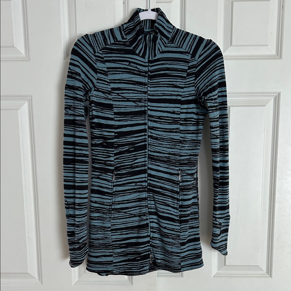 Ibex Merino Wool Full Zip Black and Blue Striped Sweater.